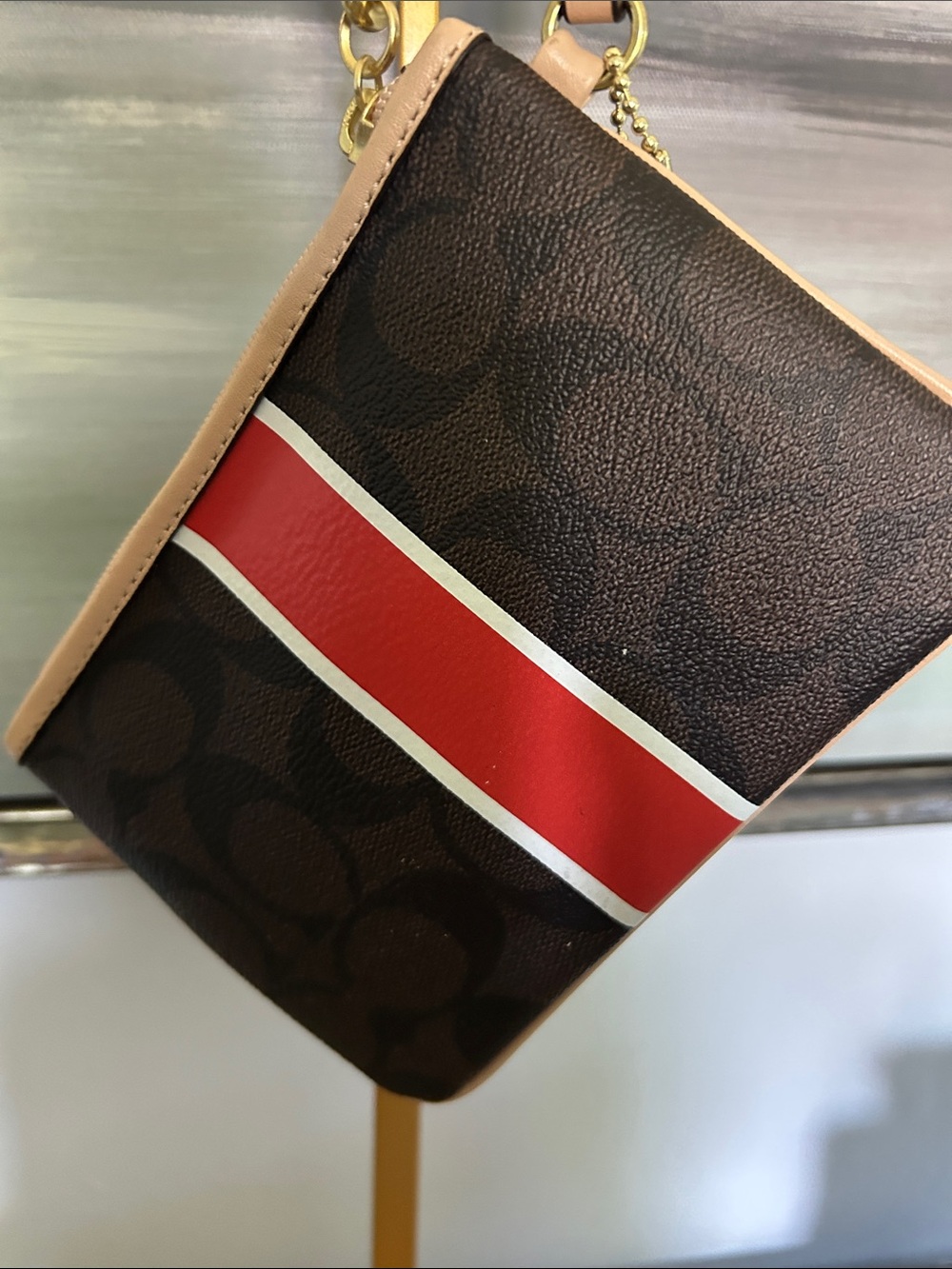 Coach Brown Signature Stripe Wristlet with Orange and White Accent Hang Tag - Picture 6 of 9